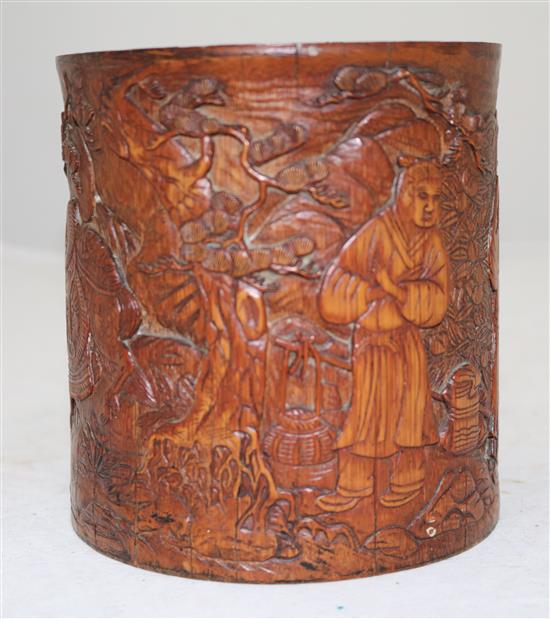 A Chinese bamboo brush pot, Bitong, 19th century, height 13.5cm, base panel lacking, age cracks